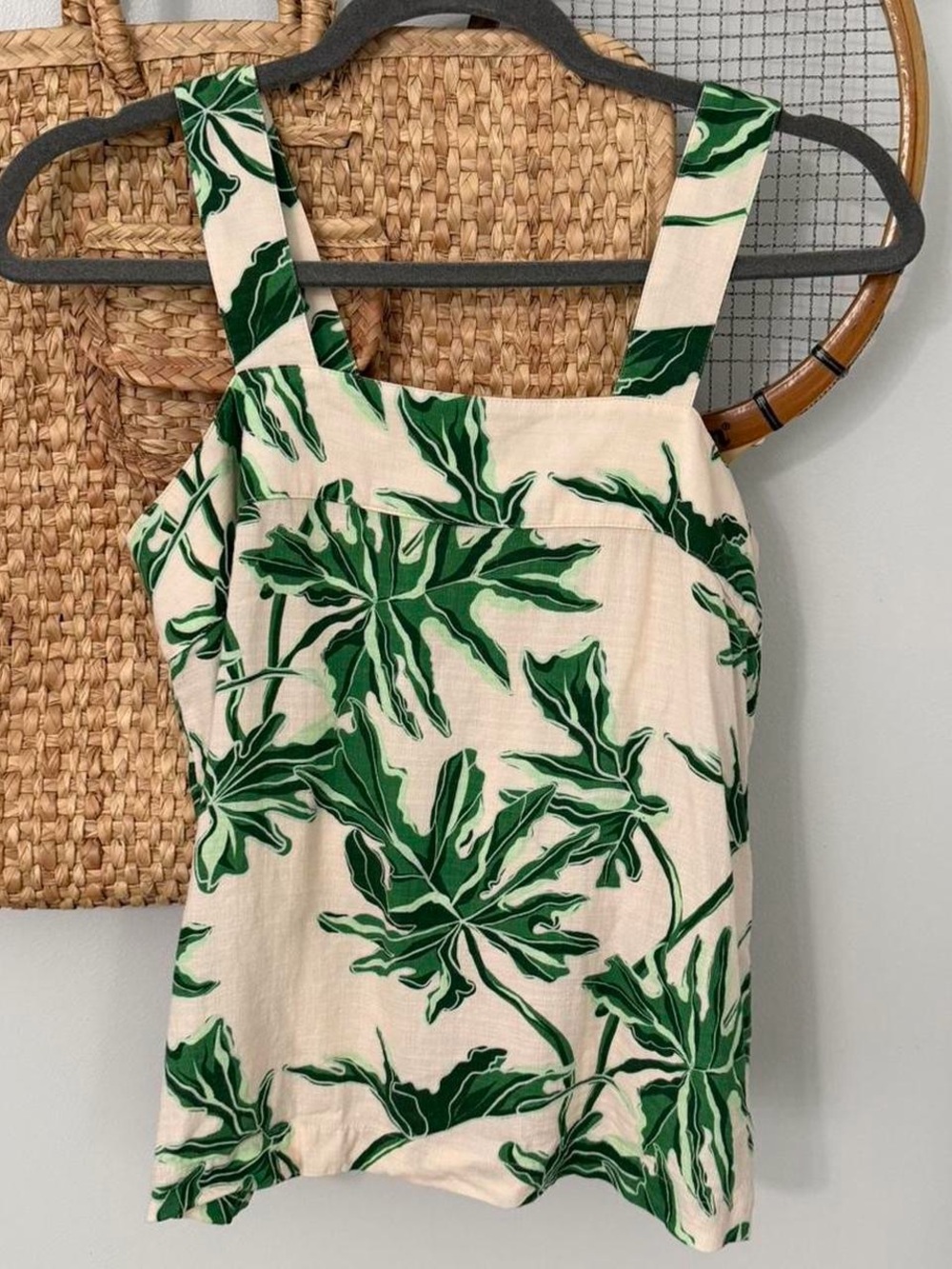 Emily McCarthy linen blend light pink & green tropical print sleeveless top
